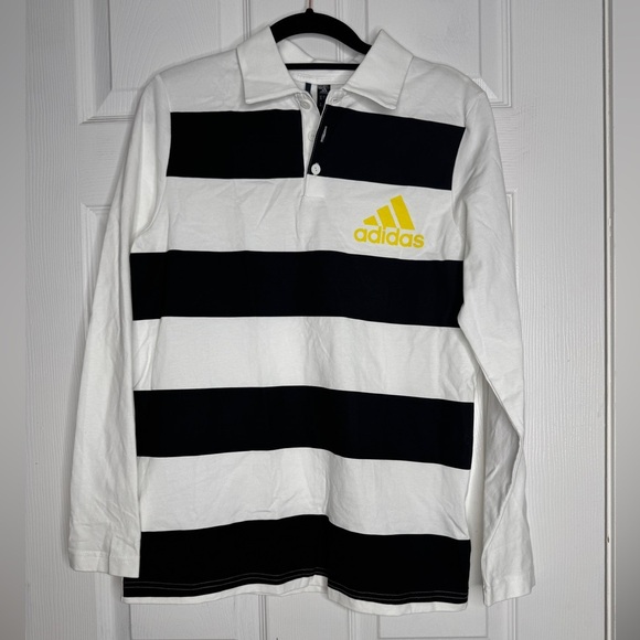 ADIDAS NWT Boys Size Large Black White Striped Rugby Long Sleeve Polo Top - Picture 1 of 7